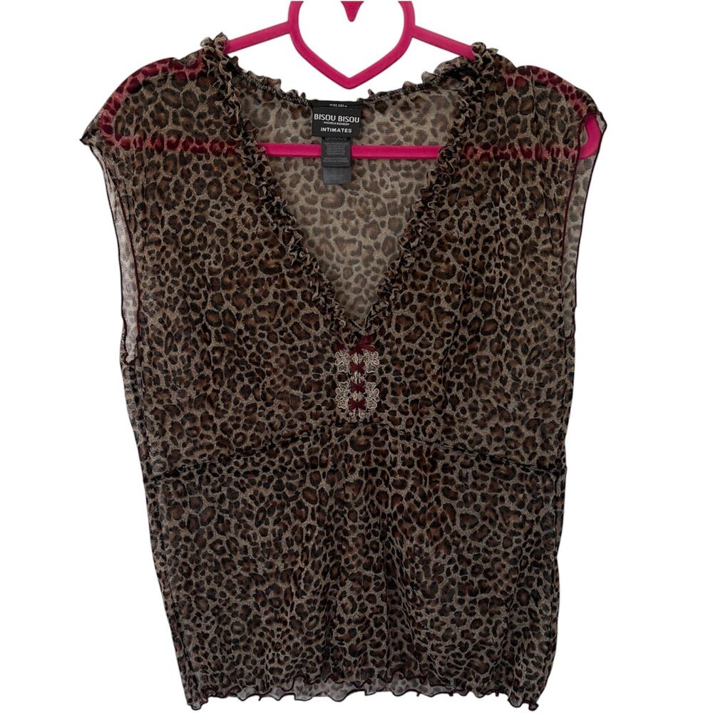 Bisou Bisou Intimates Leopard Mesh Babydoll Top Y2K Sheer Ruffle Lace L Mob Wife